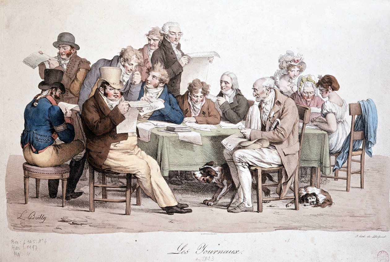 Hombres leyendo periódicos - grabado de Louis Boilly titulado 