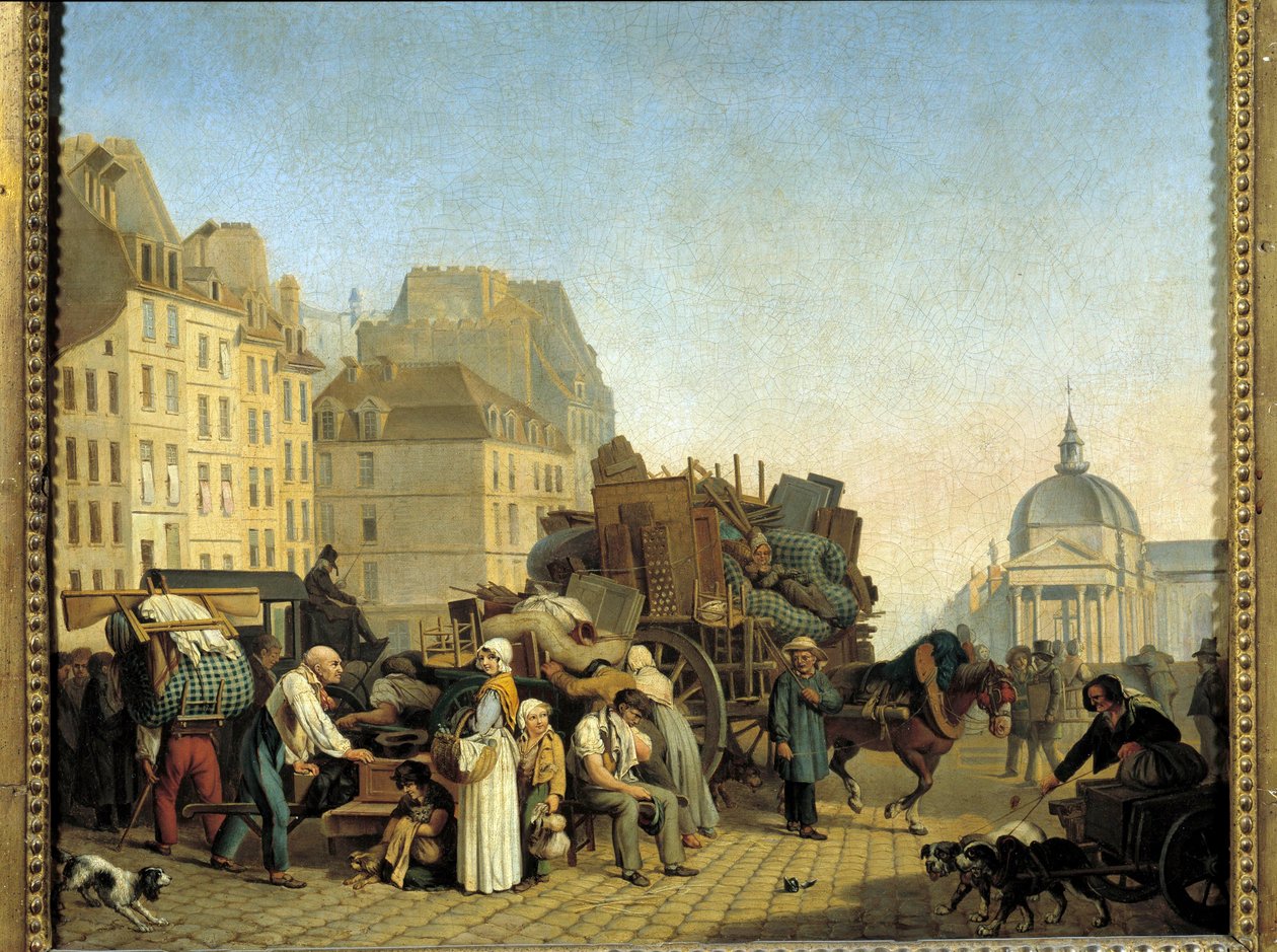 Reemplazos parisinos durante un cambio de alojamiento cargan un carro con negocios y muebles en una calle de París de Louis Leopold Boilly