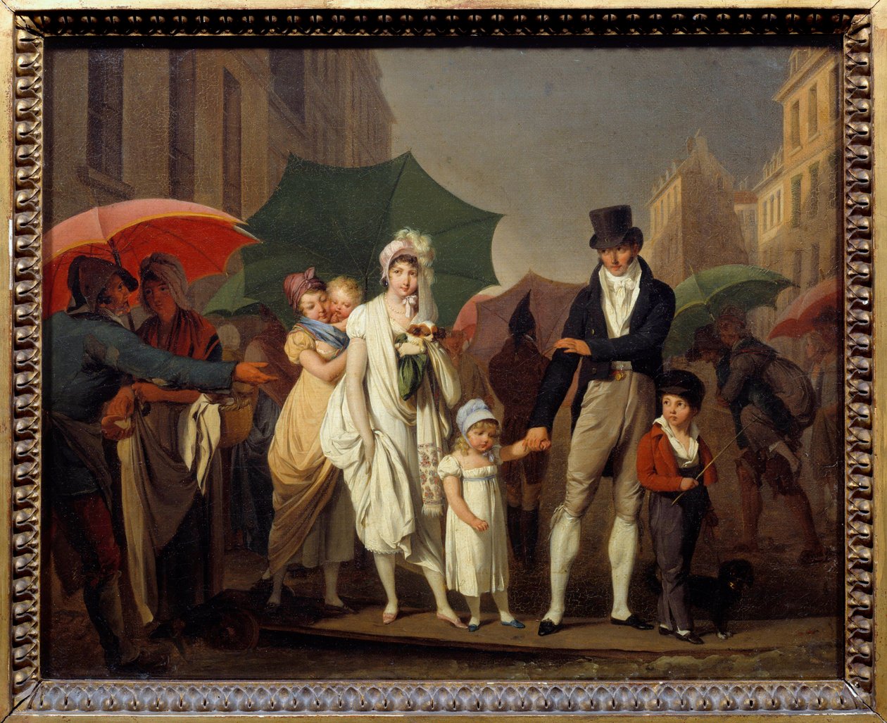 La lluvia. Burgueses parisinos vestidos a la moda del Primer Imperio protegiéndose de la lluvia de Louis Leopold Boilly
