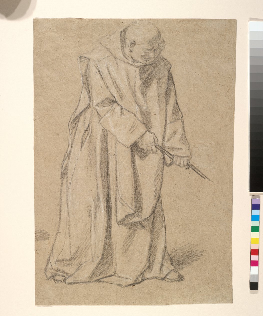 Étude de moine tirant sur une corde (tiza blanca y negra sobre papel marrón) de Louis Licherie de Beurie