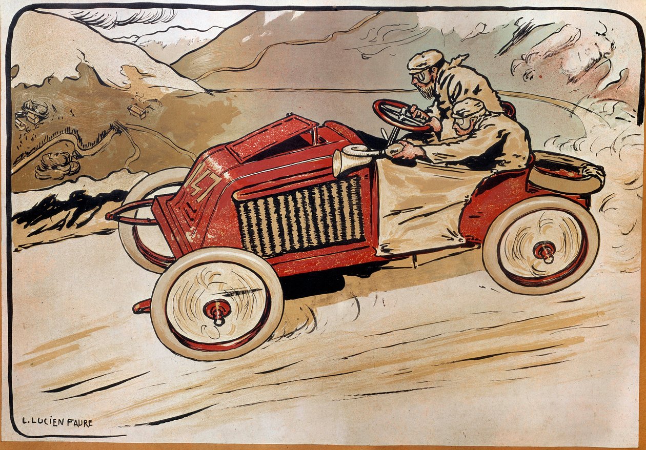 Automóvil: un coche de carreras. Marcel Renault (1872-1903) y Rene Vauthier cruzando los Alpes durante la carrera PARÍS-VIENA en 1902 en el coche 147. Litografía de Louis Lucien Faure Dujarric (1872-?), siglo XX. Conservatoire national des Arts et Metiers, de Louis Lucien Faure-Dujarric