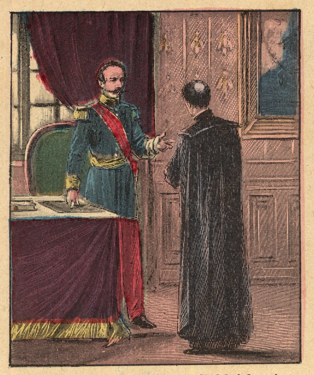 Napoleón III y Louis-Gaston de Segur (Louis Gaston de Segur) (1820-1881) obispo francés en el Elíseo - - Grabado de "La enseñanza religiosa por los ojos. Maravilloso álbum" de Louis Maitrejean y Georget Ramond - Francia 1910 de Louis Maitrejean