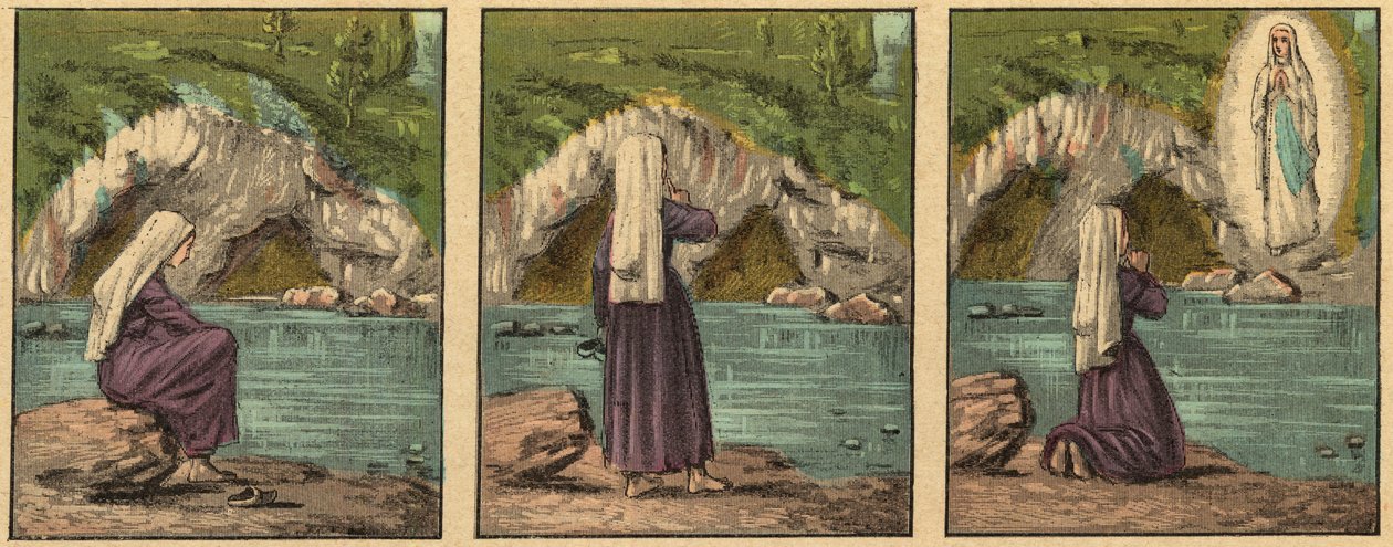 La Aparición de la Virgen María en Lourdes - La Virgen se aparece a Bernadette Soubirous (1844-1879) en Lourdes en 1858 - - Grabado de "Enseñanza religiosa por los ojos. Álbum maravilloso" de Louis Maitrejean y Georget Ramond - Francia 1910 de Louis Maitrejean