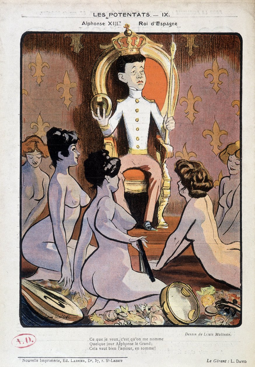 Retrato cargado de Alfonso XIII, Rey de España, en su trono y rodeado de mujeres desnudas - dibujo de Louis Malteste, en “La Vie en Rose” 21/9/1902. de Louis Malteste