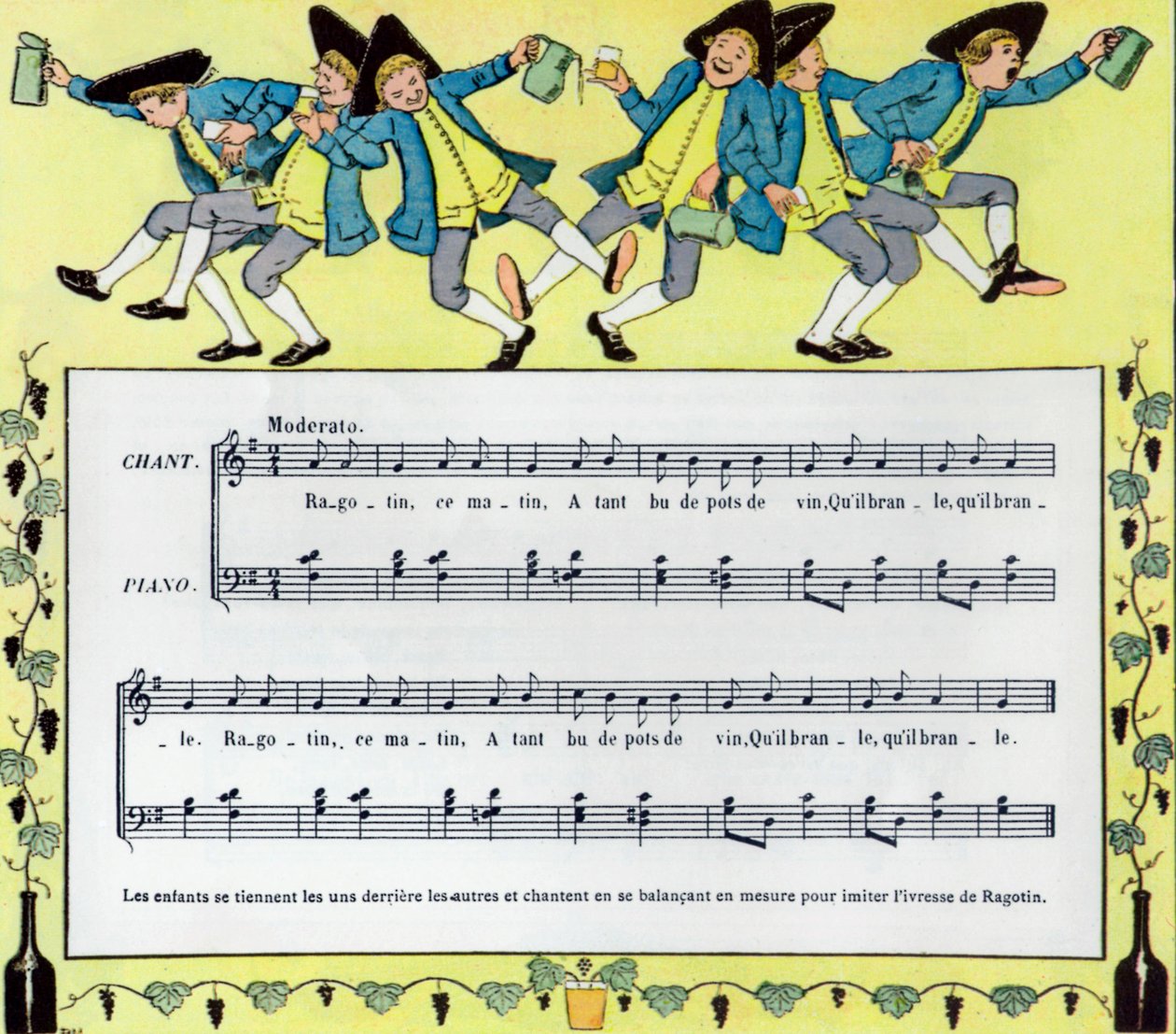 Partitura e ilustración de Louis Maurice Boutet de Monvel de la canción infantil Ragotin de Louis Maurice Boutet de Monvel