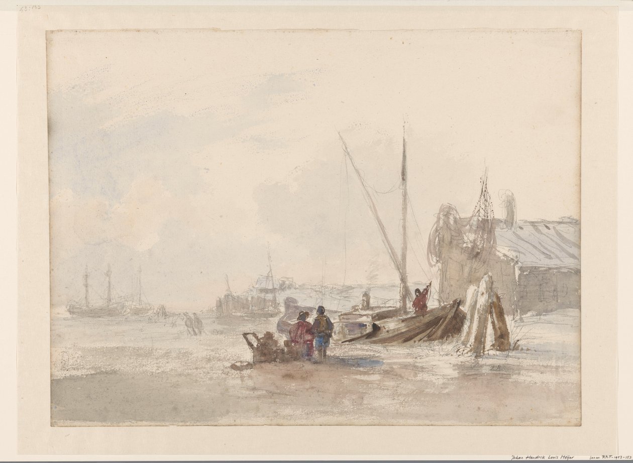 Escena de playa con pescadores cerca de un barco en primer plano de Louis Meijer