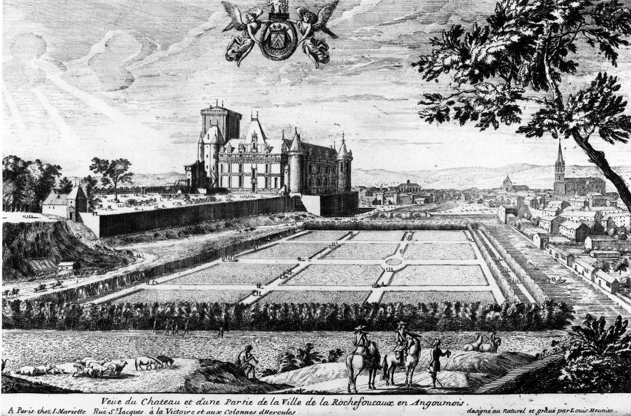 Castillo de la Rochefoucauld en Liancourt; grabado por Louis Menier - Archivos Familiares. de Louis Meunier