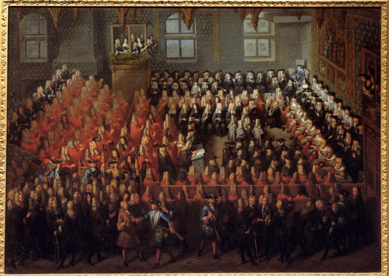Cama de Justicia celebrada por Luis XV (1710-1774) en la Gran Cámara del Parlamento de París para romper el testamento de Luis XIV (1638-1715) de Louis Michel Dumesnil