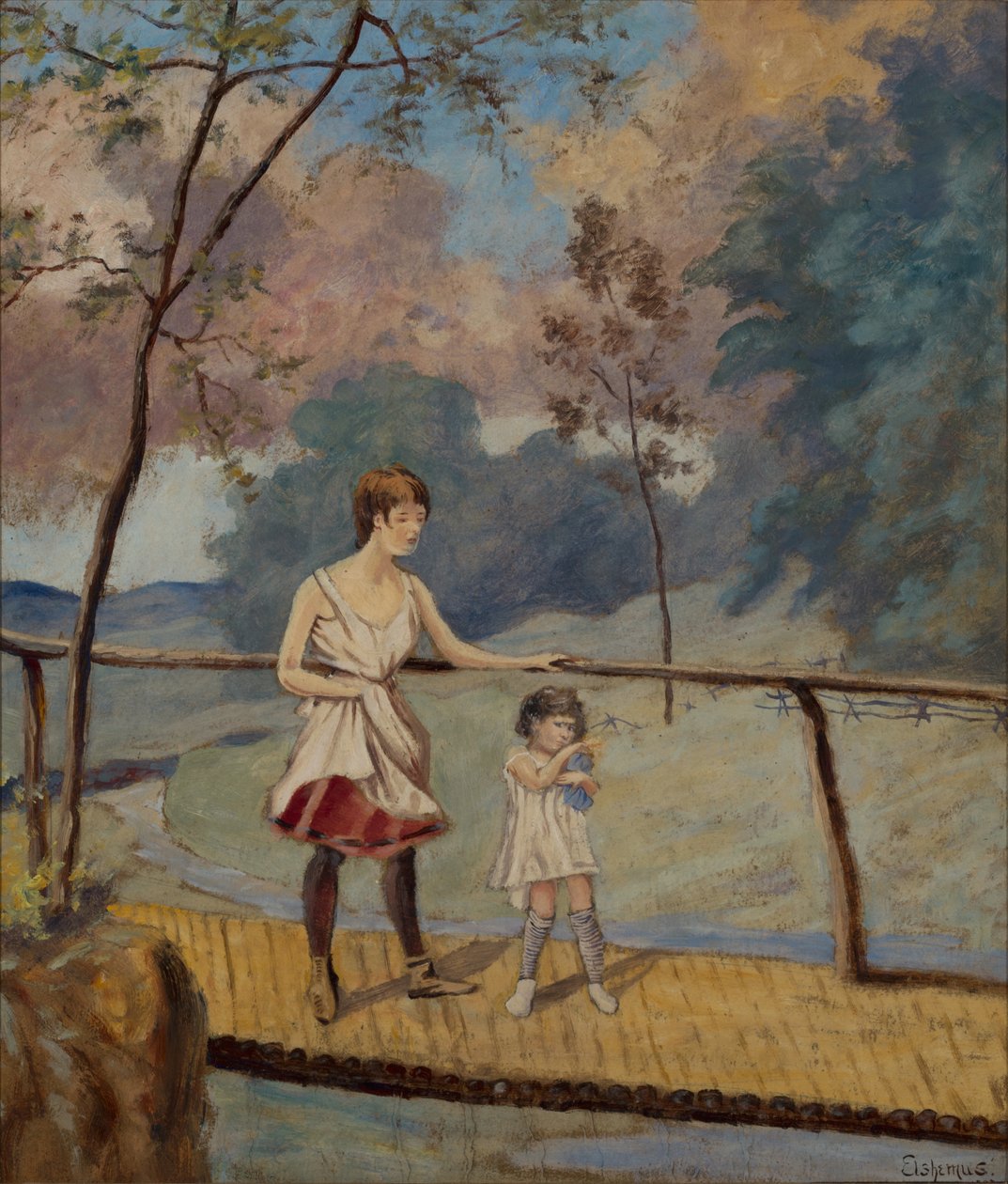 Dos chicas en un puente de troncos de Louis Michel Eilshemius