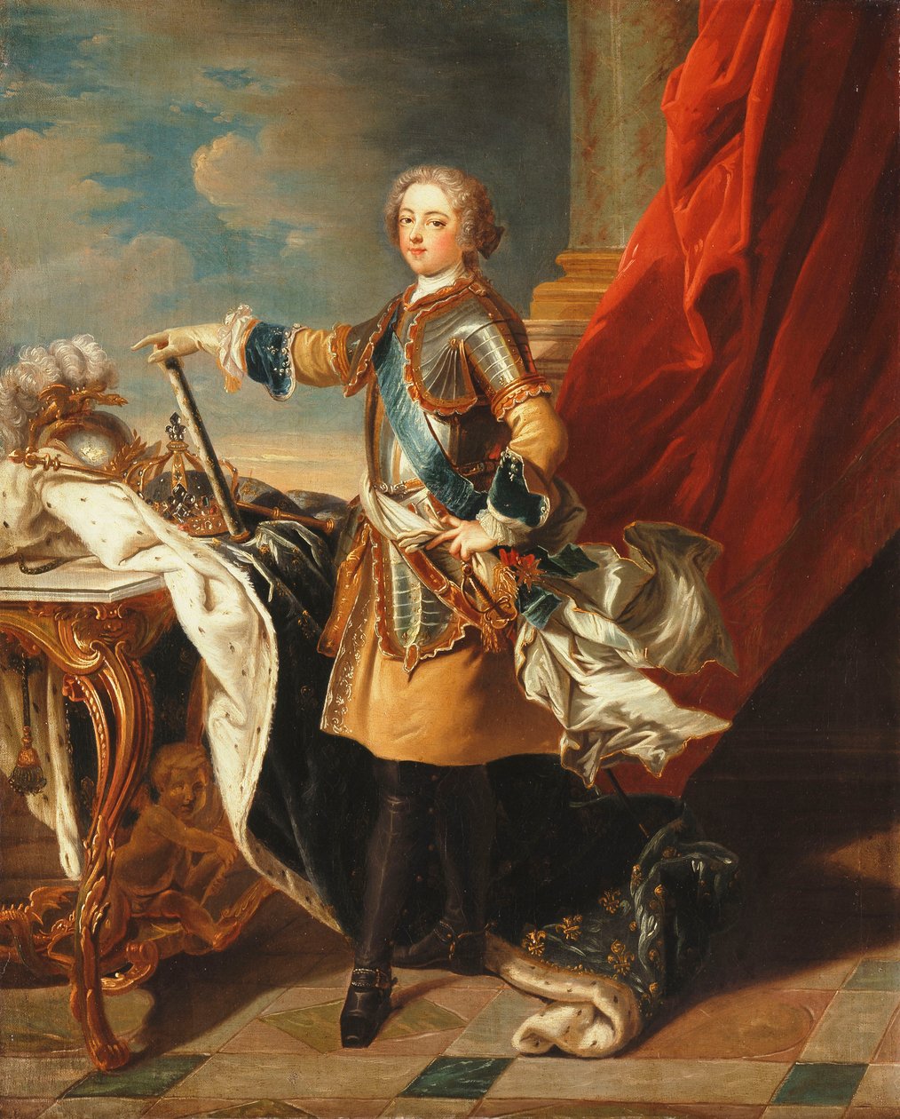 Retrato del rey Luis XV, cuerpo entero, vistiendo media armadura de Louis Michel van Loo
