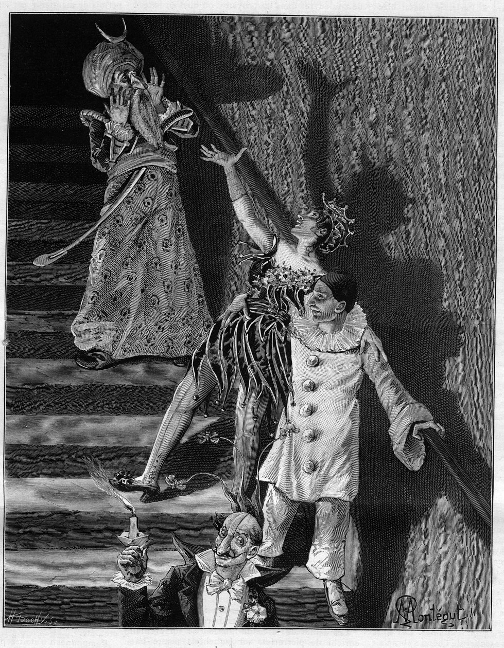 En la noche del baile de máscaras, la estrecha escalera del hotel temblaba bajo la frenética degradación o las campanas de un sombrero de locura cada vez. En "Treinta años de París" colección autobiográfica de Alphonse Daudet (1840-1897). Grabado después d de Louis Montegut