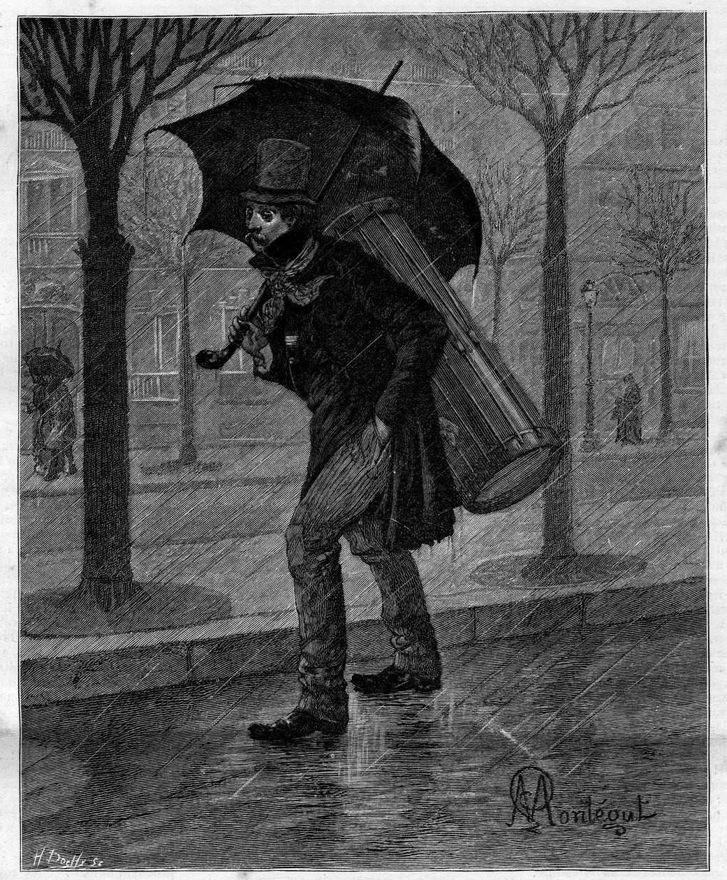 ¡Mala cosecha! ¡Pobre cigarra mojada! ... Tamborilero en la miseria caminando bajo la lluvia en las calles de París. En "Treinta años de París" colección autobiográfica de Alphonse Daudet (1840-1897). Grabado después de las ilustraciones de Montegut en "Le de Louis Montegut