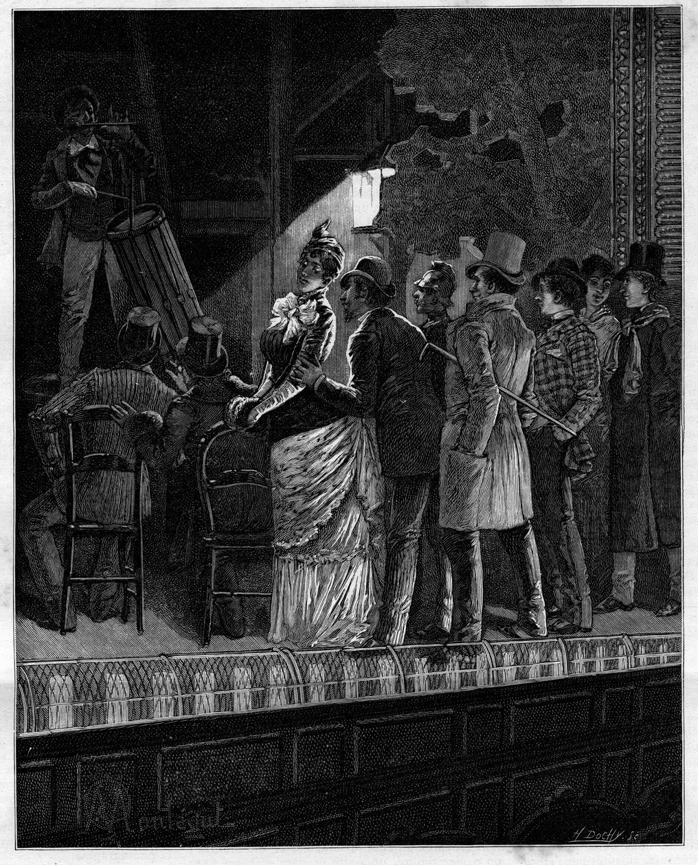 ¡Qué efecto, gran dios, produjo en esta audiencia escéptica esta música rústica... Espectadores escuchando a un tamborilero. En “Treinta años de París” colección autobiográfica de Alphonse Daudet (1840-1897). Grabado después de las ilustraciones de Montegu de Louis Montegut