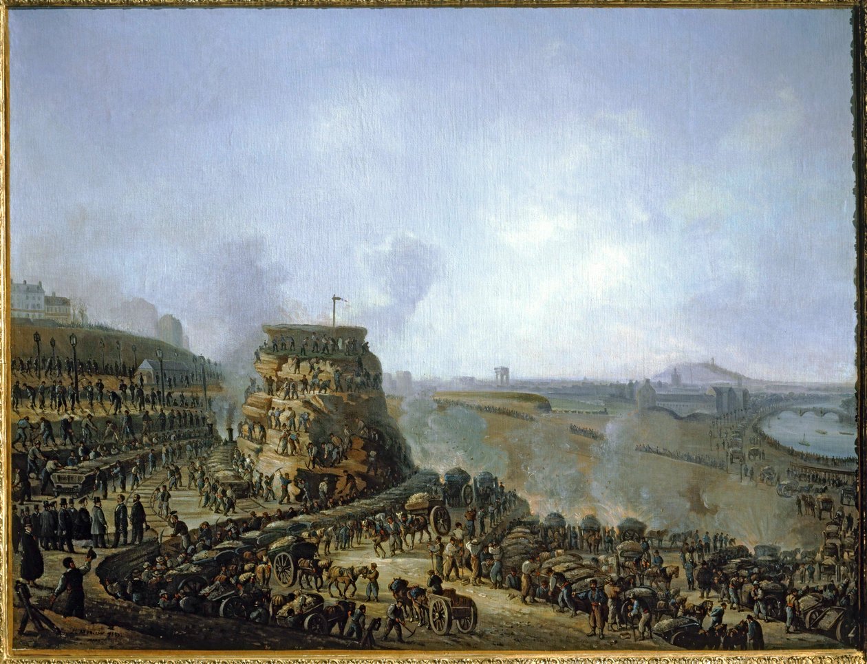 El emperador Napoleón III y la emperatriz Eugenia visitan la colina de Chaillot ... (pintura sobre lienzo) de Louis Moullin