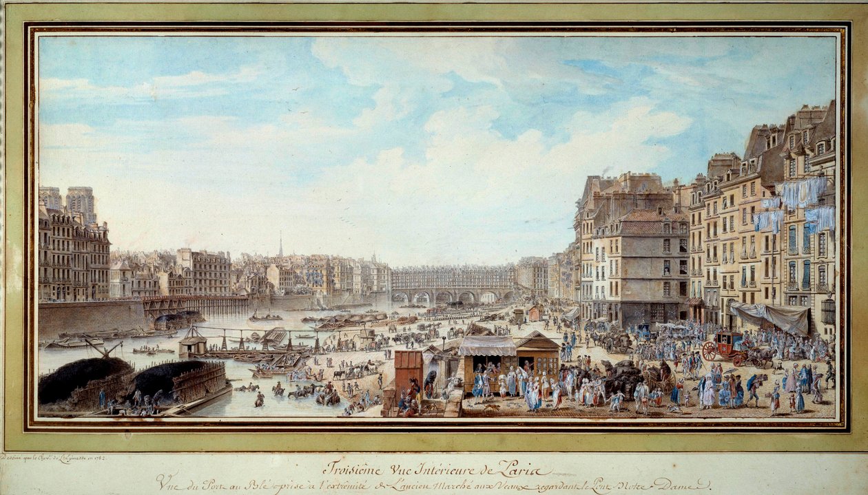 Vista del puerto en la ballena desde el antiguo Marché aux veaux hacia el puente Notre-Dame en París de Louis Nicolas de Lespinasse