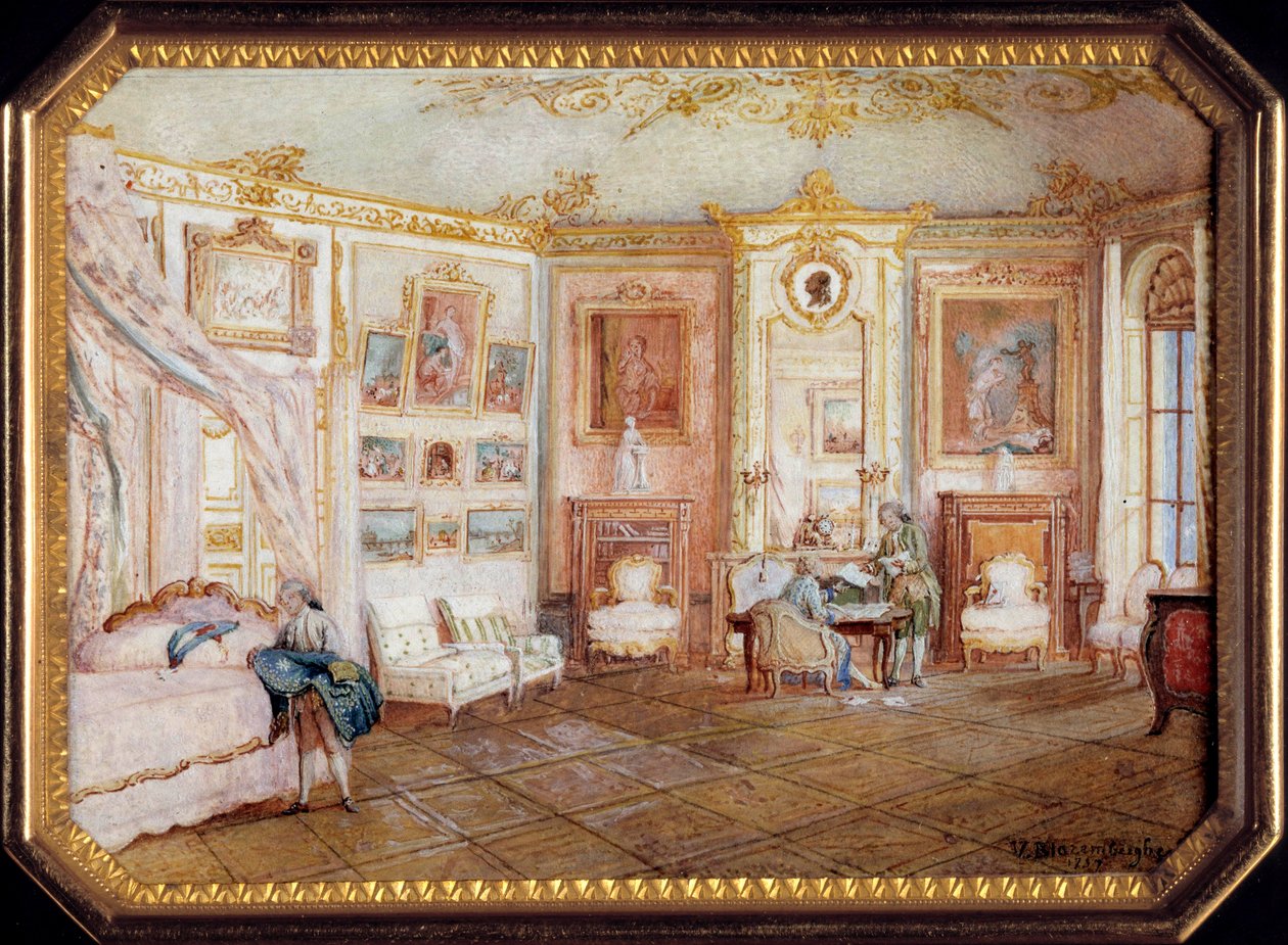 Tapa de una tabaquera por Alexandre Leferre (ca. 1806-ca. 1838) decorada con una pintura en miniatura de Louis Nicolas Van Blarenberghe (1716-1794) representando una habitación bajo Luis XV. Alrededor de 1770. París, museo del Louvre de Louis Nicolas van Blarenberghe
