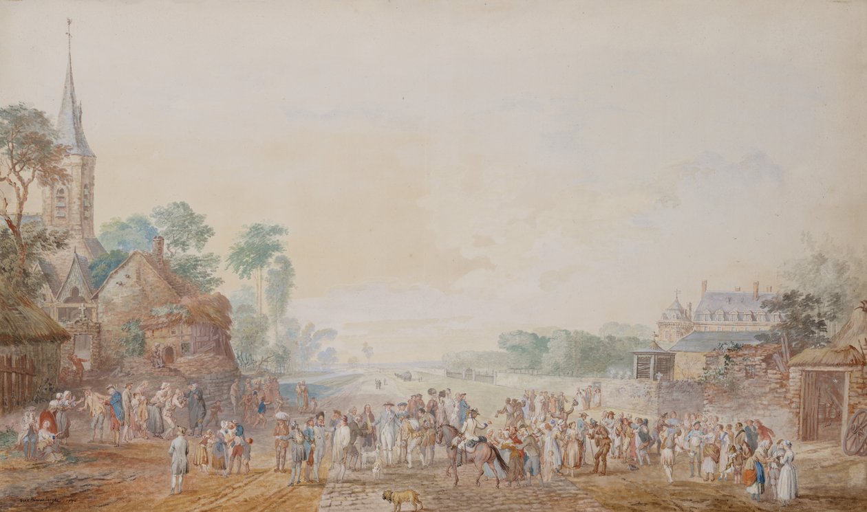 El duque de Penthievre con Benjamin Franklin a su derecha asistiendo a una revisión de su regimiento voluntario junto a su castillo en Rambouillet de Louis Nicolas van Blarenberghe
