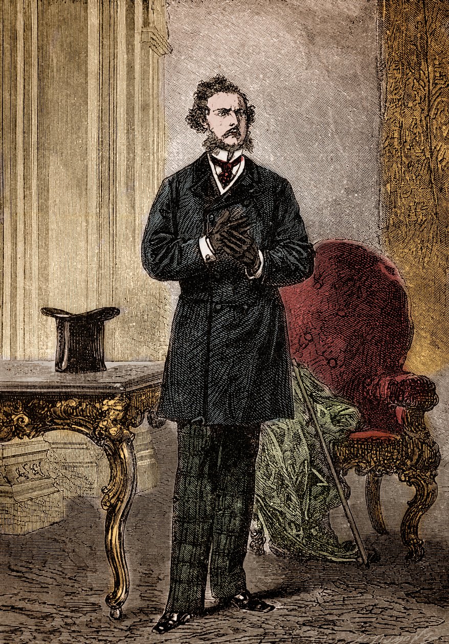 Retrato de Phileas Fogg, personaje de "La vuelta al mundo en ochenta días" novela de aventuras de Julio Verne ilustrada por Louis Paul Pierre Dumont (1822-1882) en 1872 (Phileas Fogg del frontispicio de "La vuelta al mundo en ochenta días" de Julio Verne ( de Louis Paul Pierre Dumont