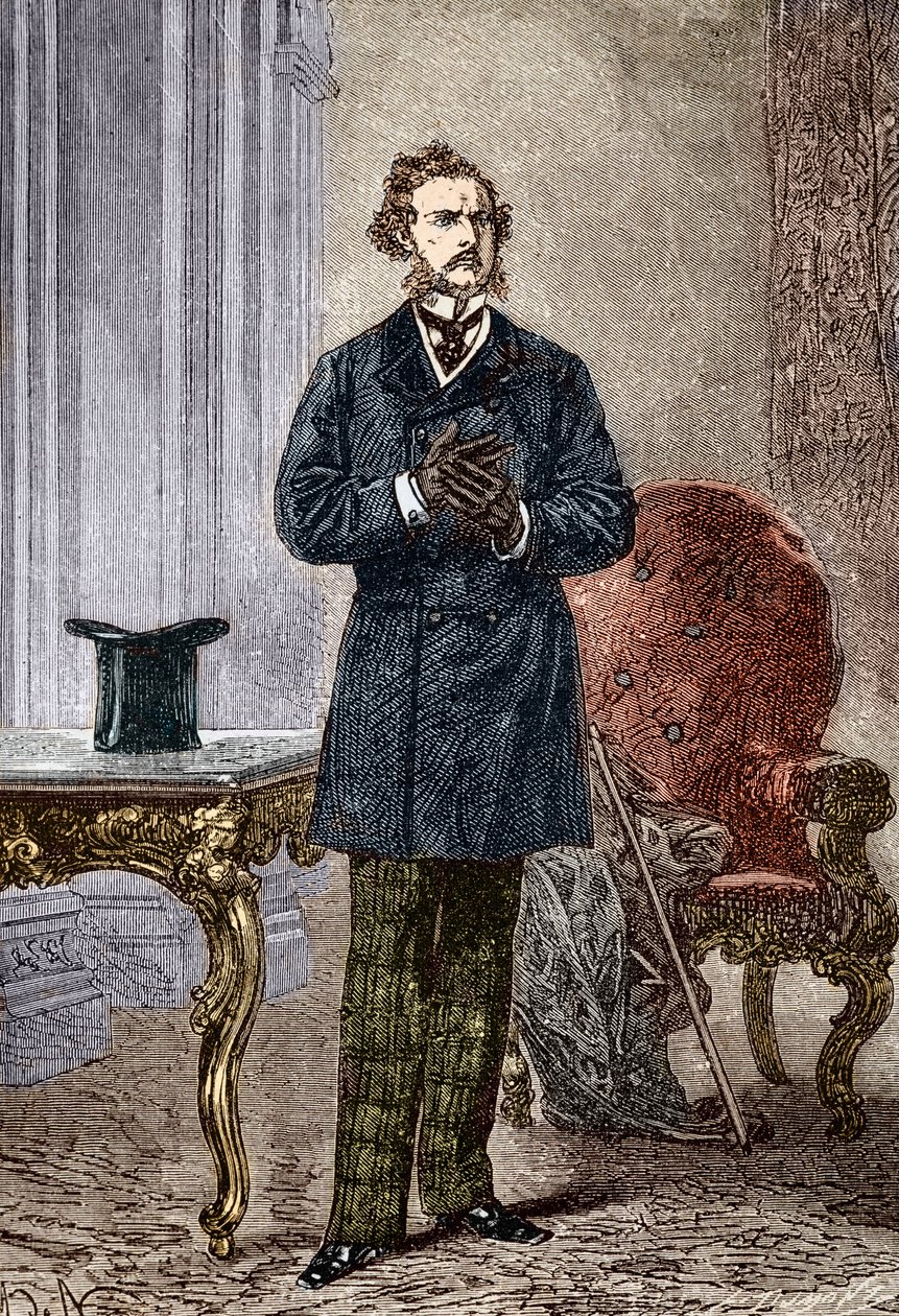 Retrato de Phileas Fogg, personaje de "La vuelta al mundo en ochenta días" novela de aventuras de Julio Verne ilustrada por Louis Paul Pierre Dumont (1822-1882) en 1872 (Phileas Fogg del frontispicio de "La vuelta al mundo en ochenta días" de Julio Verne ( de Louis Paul Pierre Dumont