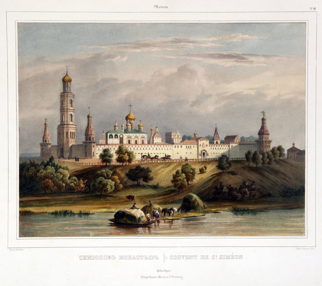 El Convento de San Simón (Simeón), Moscú (Vista del Monasterio Simonov en Moscú). Obra de Louis Pierre Alphonse Bichebois (1801-1850), grabado coloreado en acuarela, principios del siglo XIX. Arte francés, paisaje, clasicismo. Museo Estatal de A.S. de Louis Philippe Alphonse Bichebois