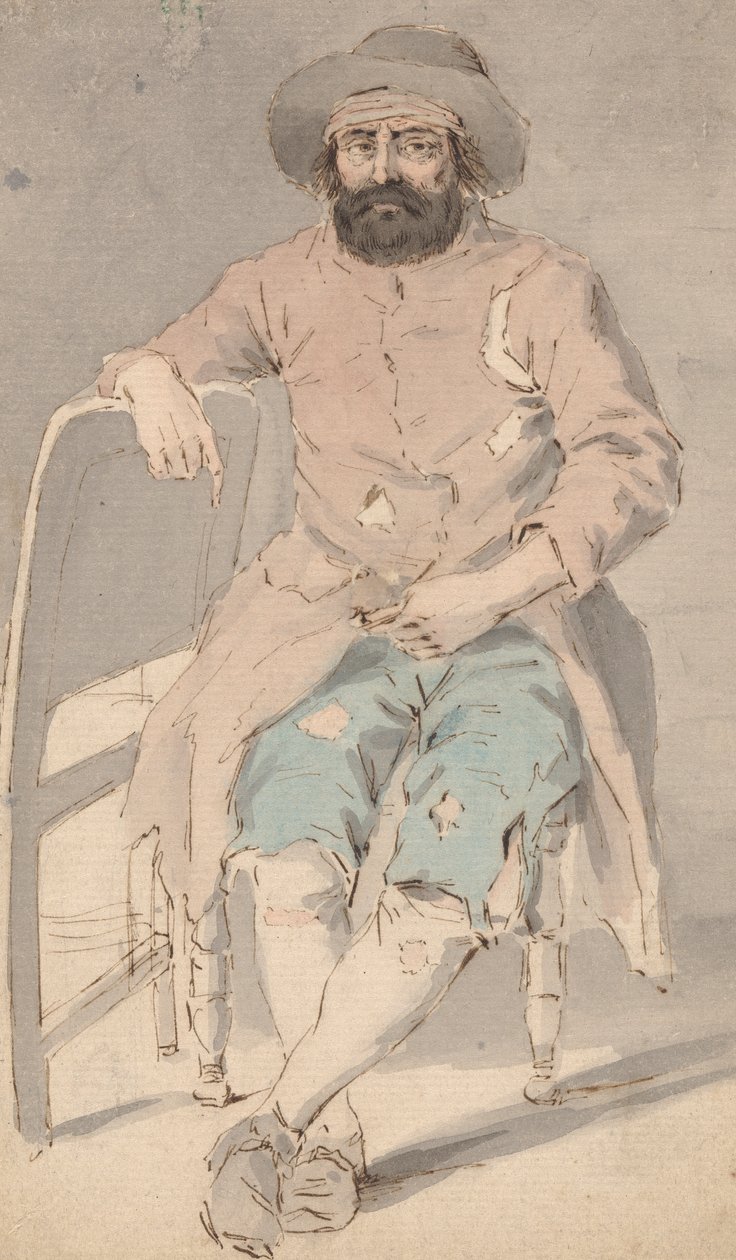 Hombre con ropa harapienta sentado con el brazo derecho sobre otra silla de Louis Philippe Boitard