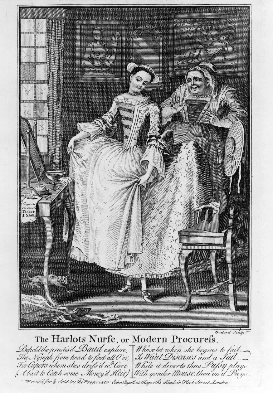 La Enfermera de las Rameras o la Proxeneta Moderna, pub. 1750 (grabado en blanco y negro) de Louis Philippe Boitard