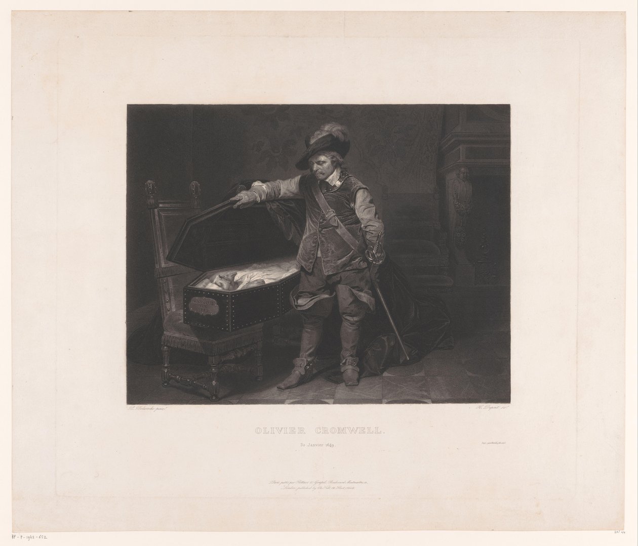 Oliver Cromwell en el ataúd de Carlos I, rey de Inglaterra Oliver Cromwell. 30 de enero de 1649 (título sobre objeto) de Louis Pierre Henriquel Dupont