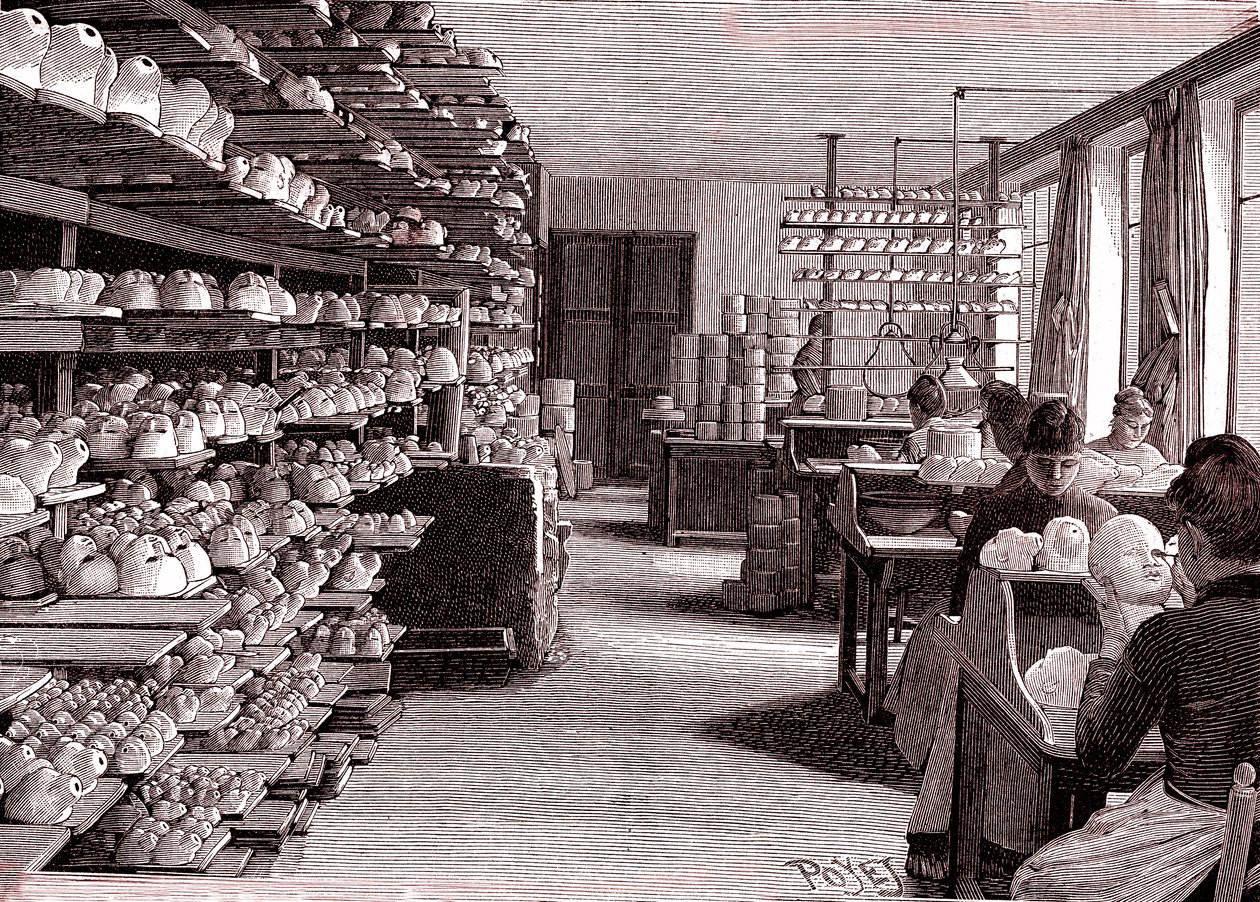Fábrica de muñecas, Secando cabezas de muñecas de porcelana antes de cocinarlas, de "La Nature" de Louis Poyet