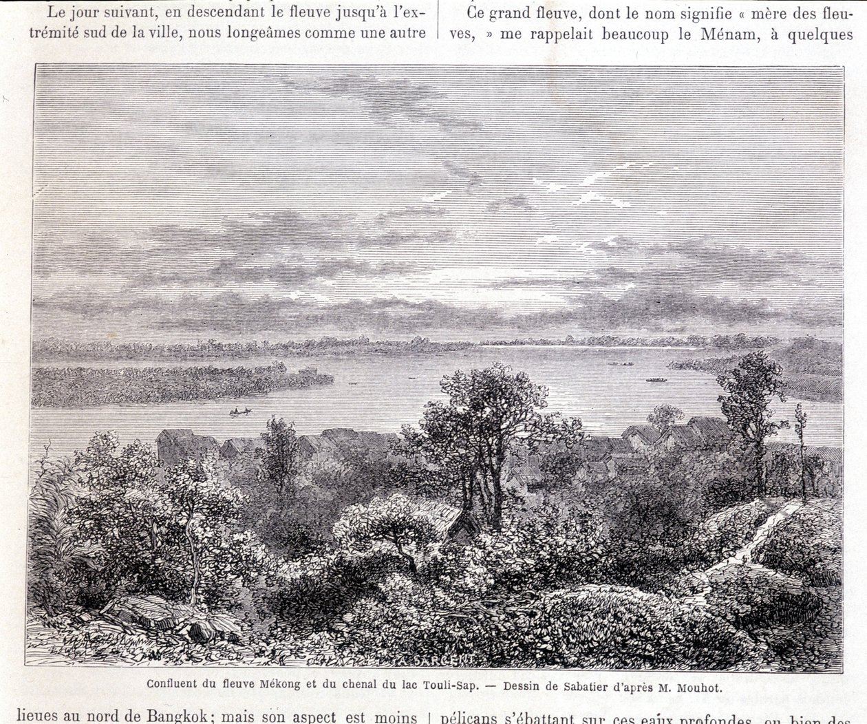 Confluencia del río Mekong y el canal del lago Touli - slap. Dibujo de Sabatier según el Sr. Mouhot. "Tour du monde" de Louis Remy Sabatier