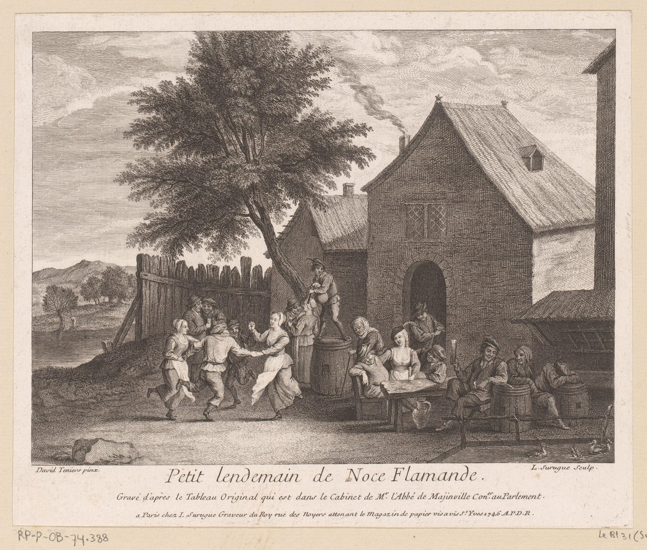 Escena de pueblo flamenco con compañía de fiesta frente a una posada Petit lendemain de noce Flamande (título sobre objeto) de Louis Surugue