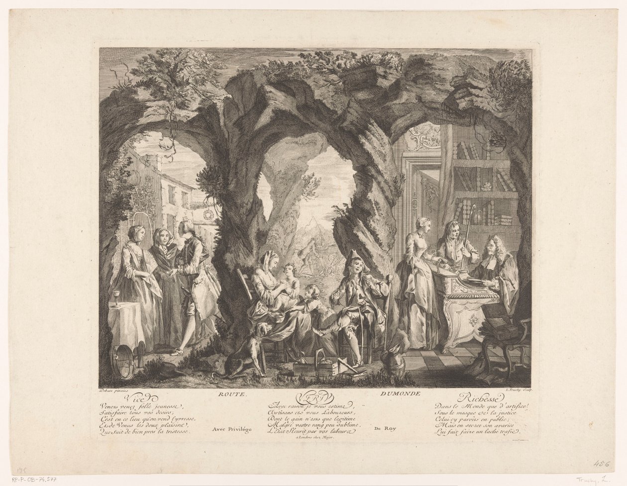 Paisaje con tres escenas en las que una joven compra, viste y vende un medallón Ruta Dumonde (título sobre objeto) de Louis Truchy