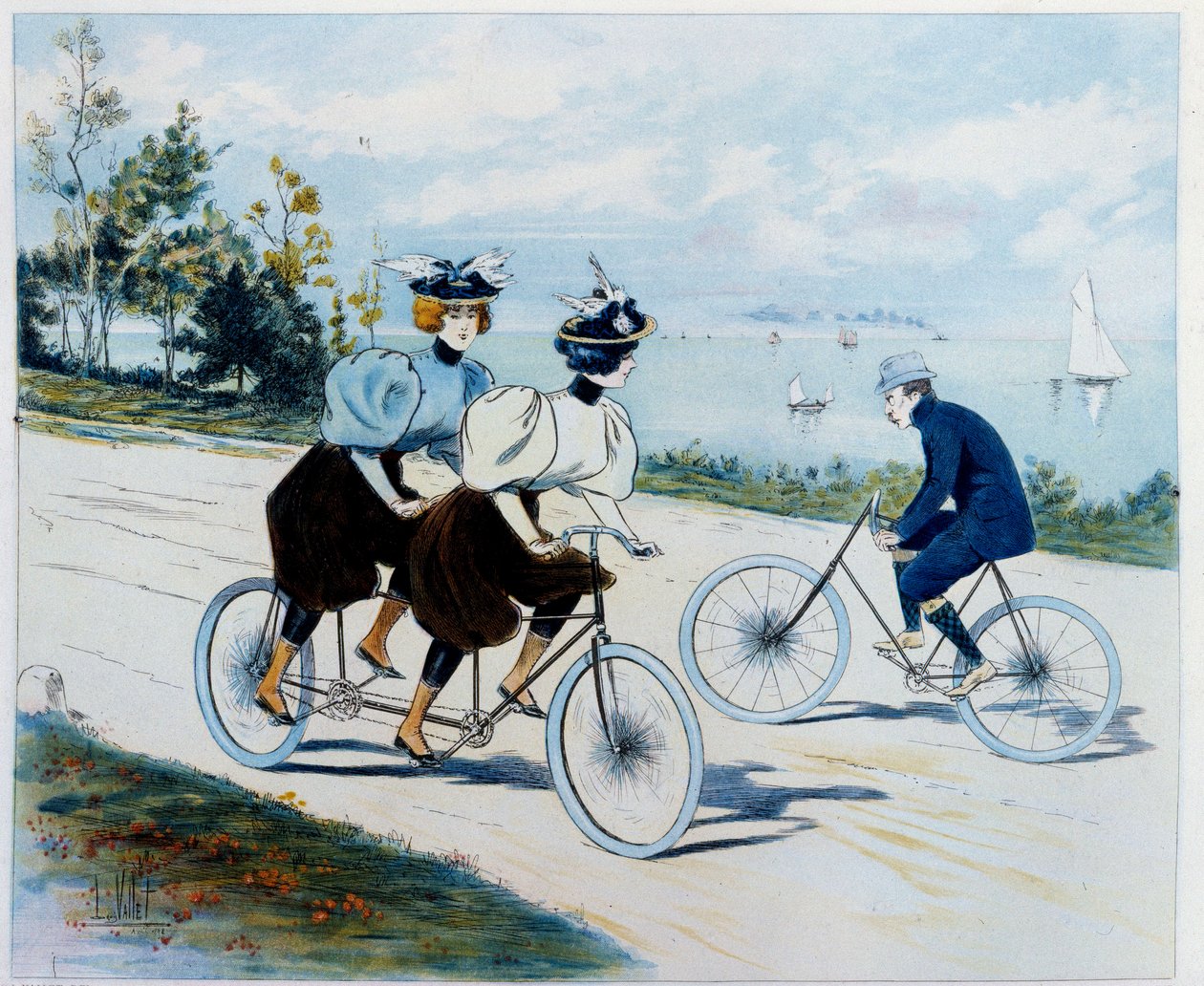 Paseo dominical. Paseo en bicicleta: un hombre en bicicleta mira a dos mujeres en un tándem. Dibujo de Louis Vallet (1856 -?) de Louis Vallet
