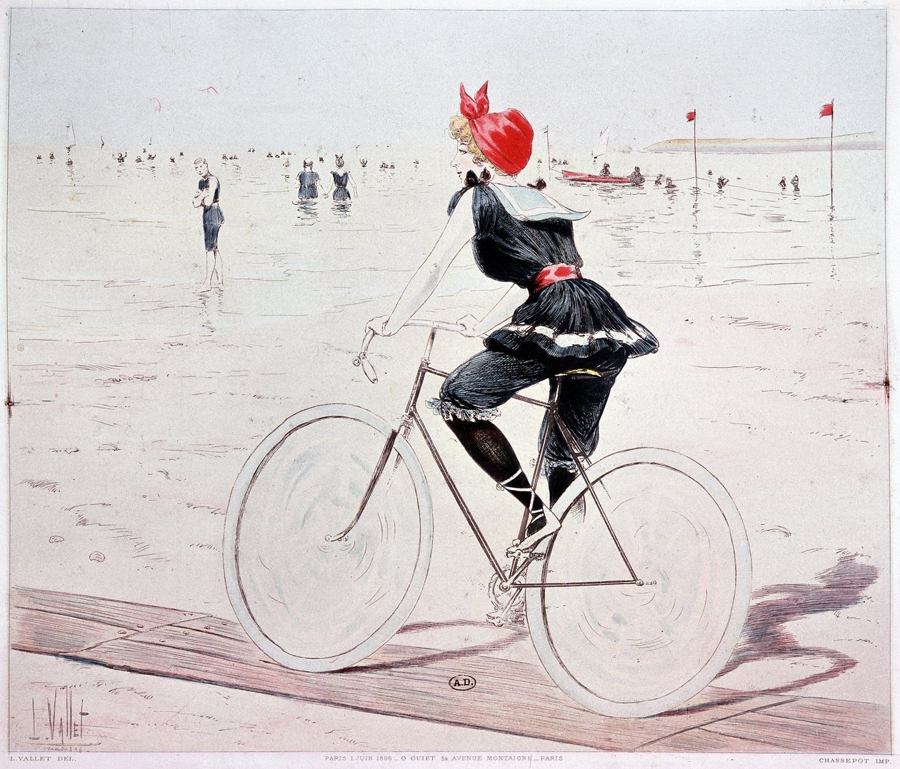 Mujer en bicicleta en la playa - dibujo de L. Vallet de Louis Vallet