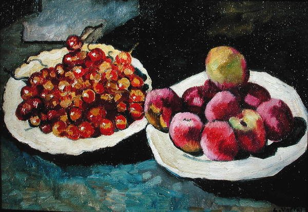Naturaleza muerta con melocotones y cerezas (óleo sobre lienzo) de Louis Valtat