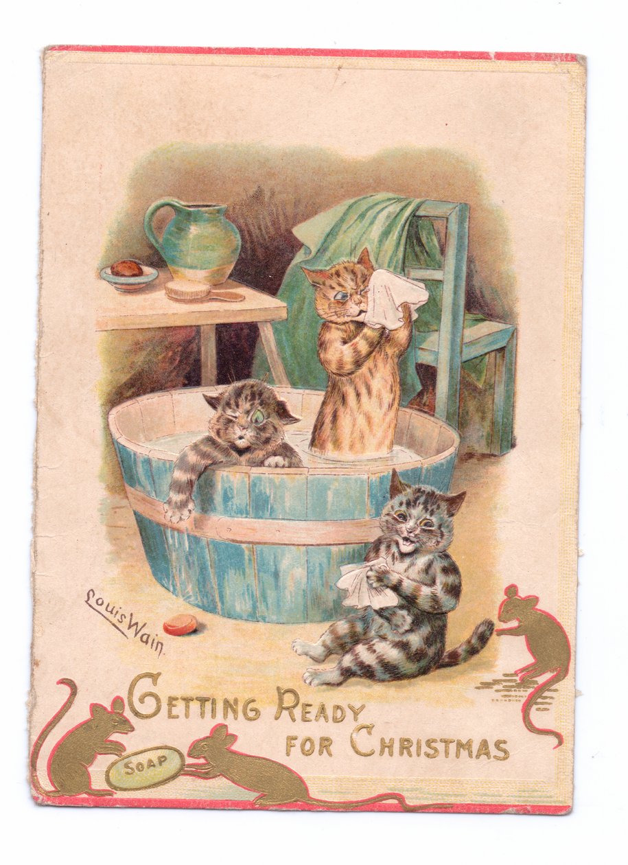 Tarjeta de Navidad victoriana de dos gatos en una bañera mientras dos ratones juegan con una pastilla de jabón, c.1880 de Louis Wain