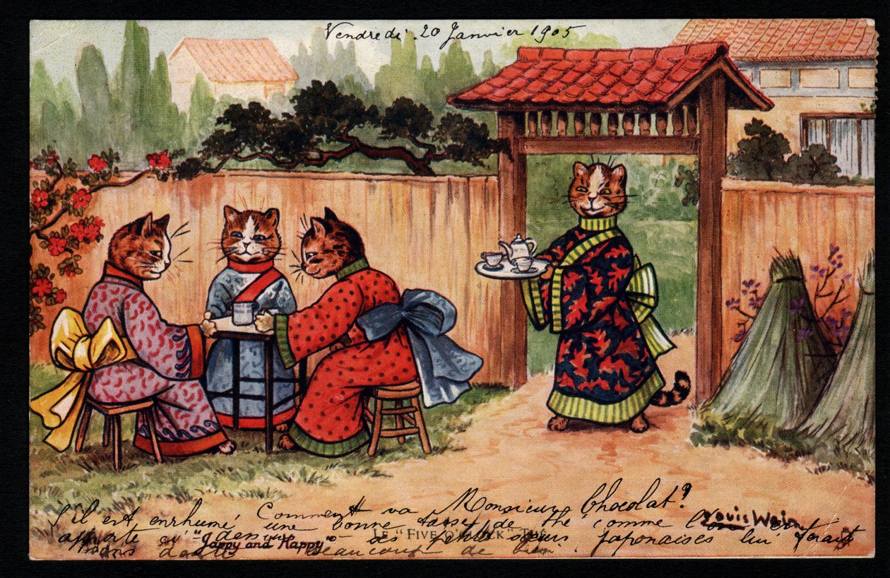 Animales en postura humana. Gato en kimono bebiendo té en un jardín japonés. Tarjeta postal. Cromolitografía de Louis Wain (1860-1939), artista inglés conocido por su representación de gatos con grandes ojos. Principios del siglo XX. Colección pr de Louis Wain