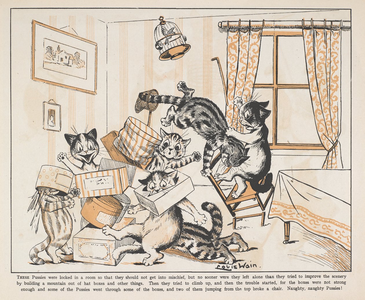 Gatos jugando con cajas en una habitación. de Louis Wain
