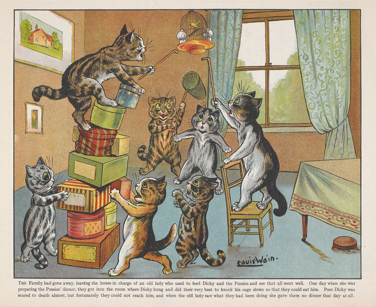 Gatos jugando con cajas en una habitación. de Louis Wain