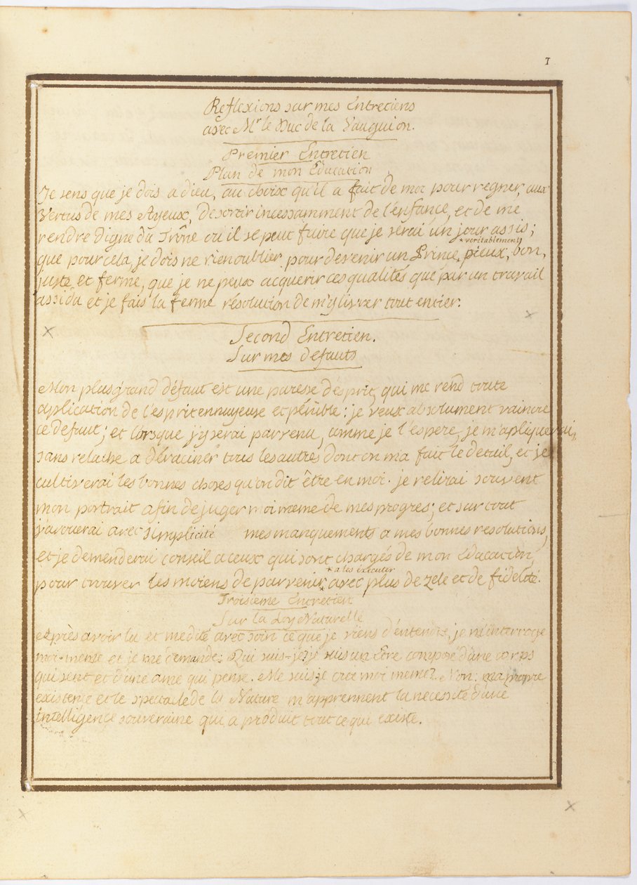 "Reflexiones sobre mi entrevista con el Sr. le Duc de la Vauguyon", manuscrito autógrafo, enero 1767 a principios de 1769 de Louis XVI