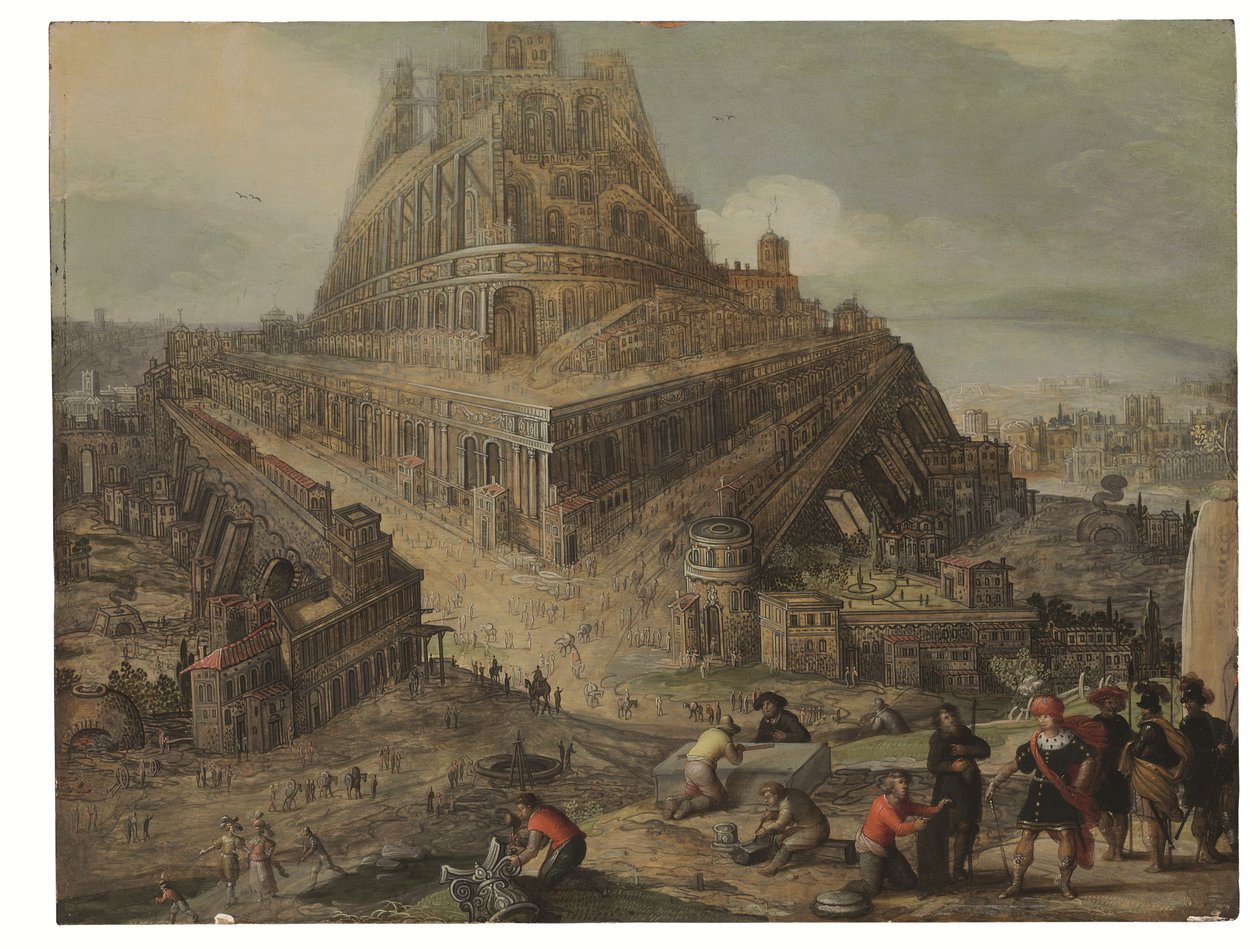 El rey Nimrod ordena la construcción de la Torre de Babel (óleo sobre tabla) de Louis de (circle of) Caullery