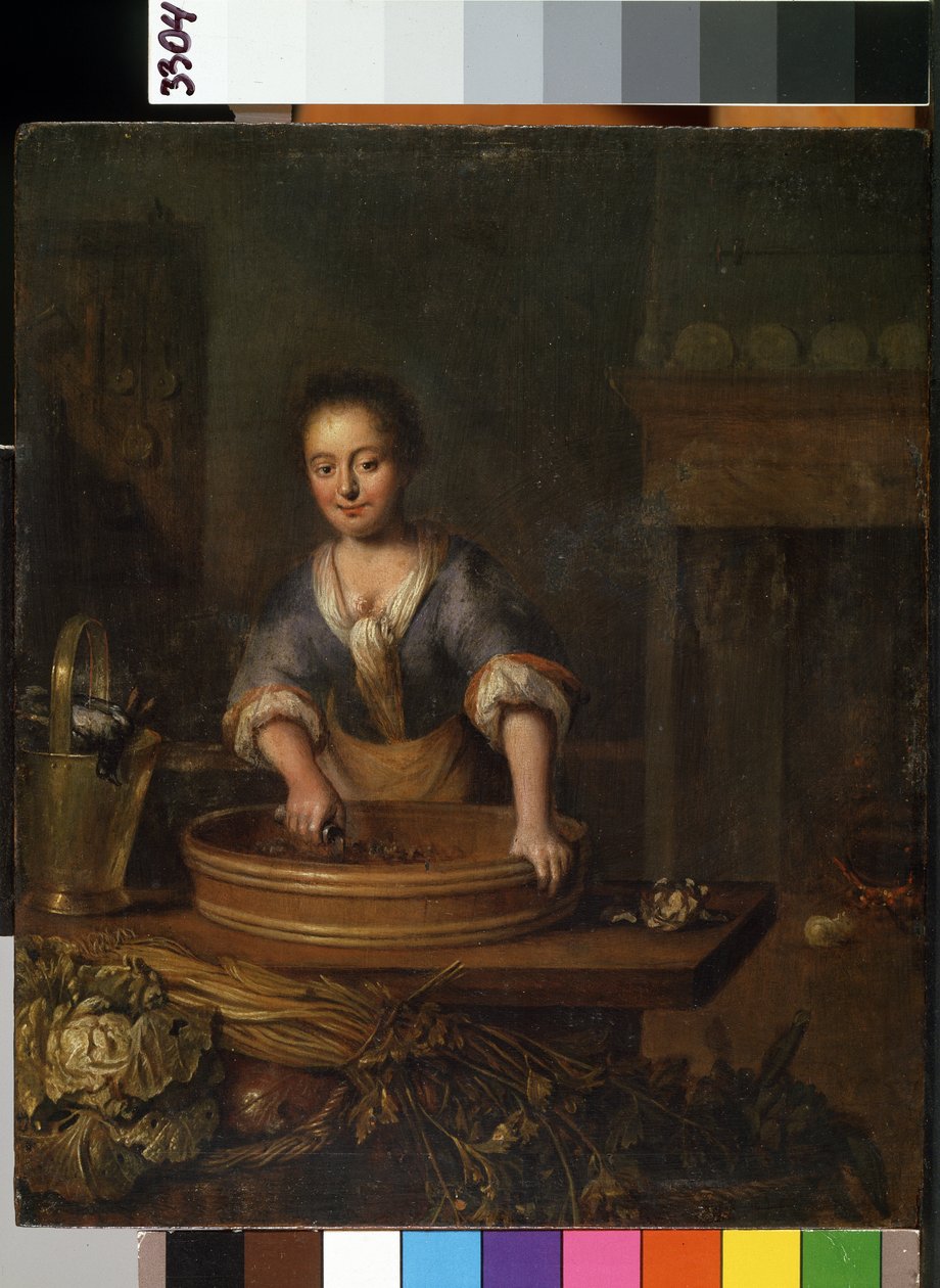 ""The cook"" (El cocinero) Un joven cocinero en una cocina de campo, preparando coles. Pintura de Louis de Moni (1698-1771) Museo de Bellas Artes Mikalojus Konstantinas Ciurlionis, Kaunas, Lituania de Louis de Moni