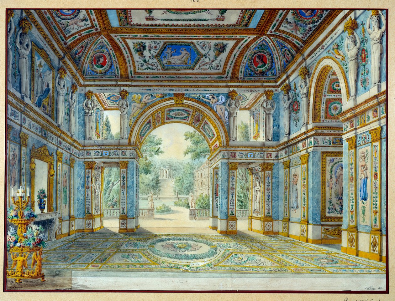 Pórtico de un palacio que da a un parque. Grabado de Louis De Saint Ange (1780-1831) de Louis de Saint Ange Desmaisons
