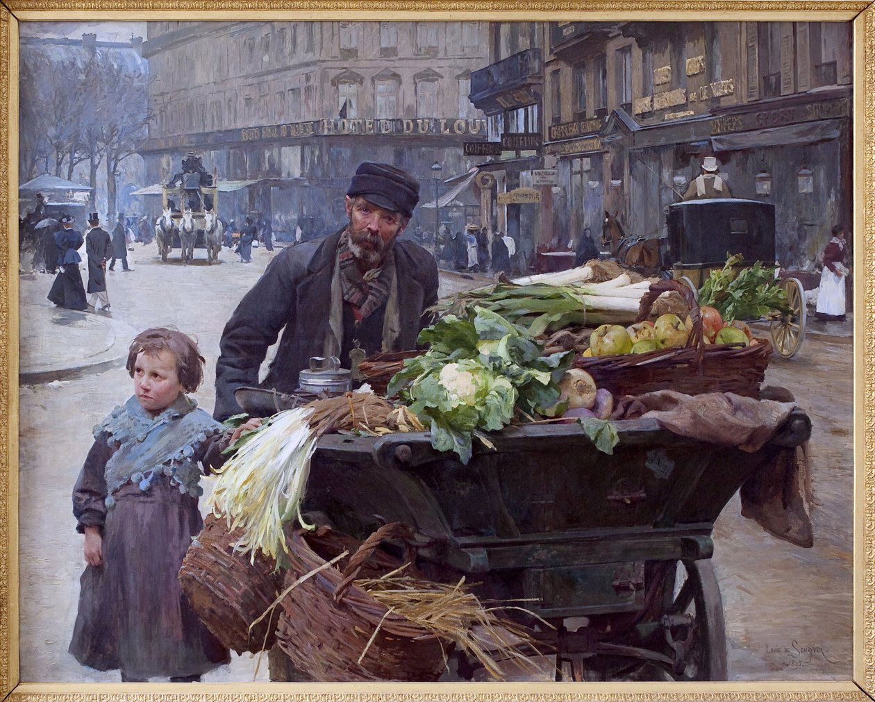 El mercader de las cuatro estaciones en París. Detrás de él, el Hotel del Louvre (distrito 1) Pintura de Louis Marie de Schryver (1862-1942), óleo sobre lienzo de Louis de Schryver