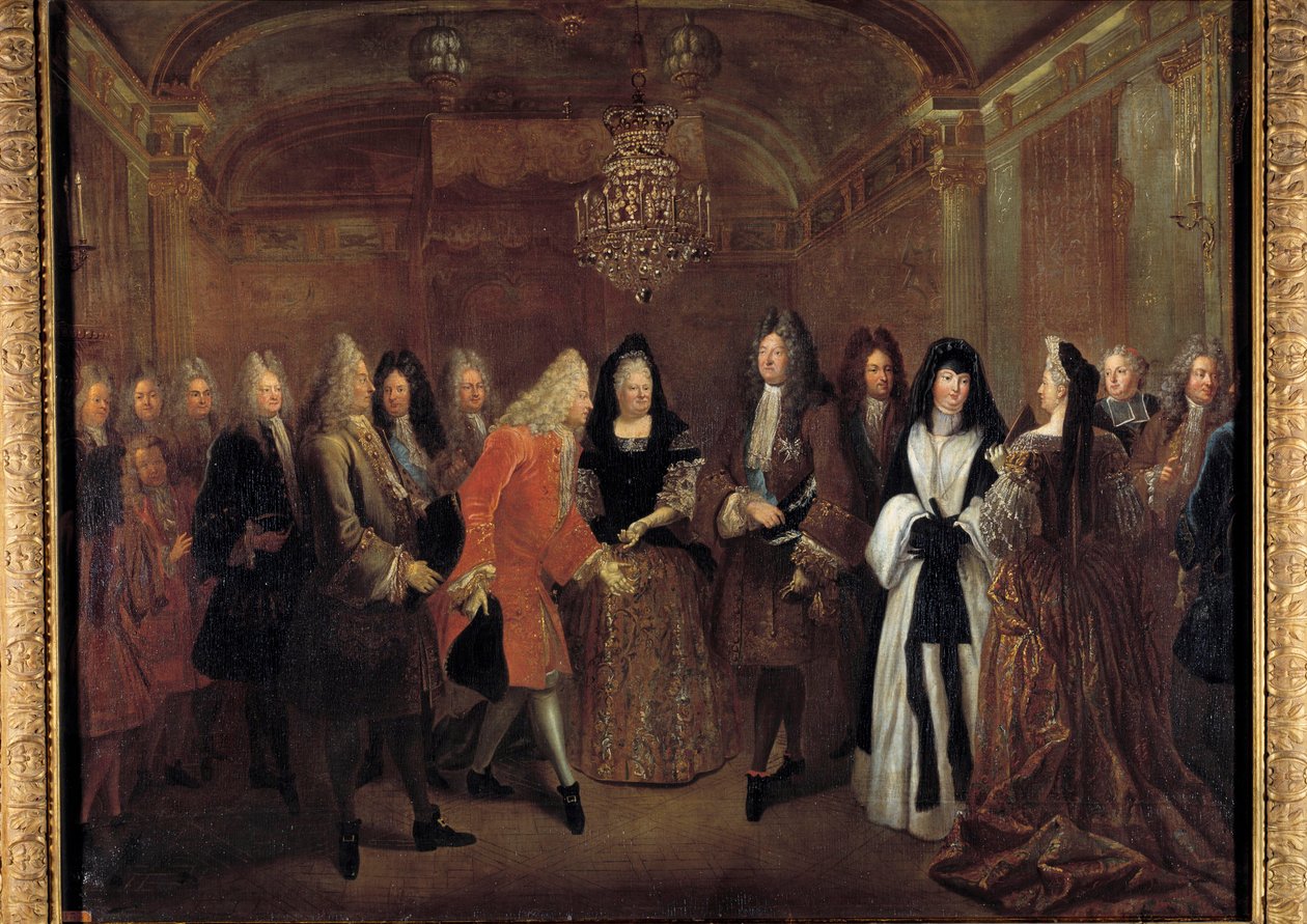 El rey Luis XIV (1638-1715) recibe al príncipe Federico Augusto de Sajonia de Isabel Carlota de Orleans el 27/09/1714 en el castillo de Fontainebleau de Louis de Silvestre