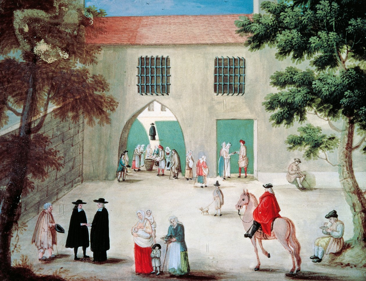 Asistiendo a los pobres delante de la abadía de Port-Royal des Champes, de Louise-Magdeleine Hortemels (1688-1767), gouache, Francia de Louise Magdeleine Hortemels