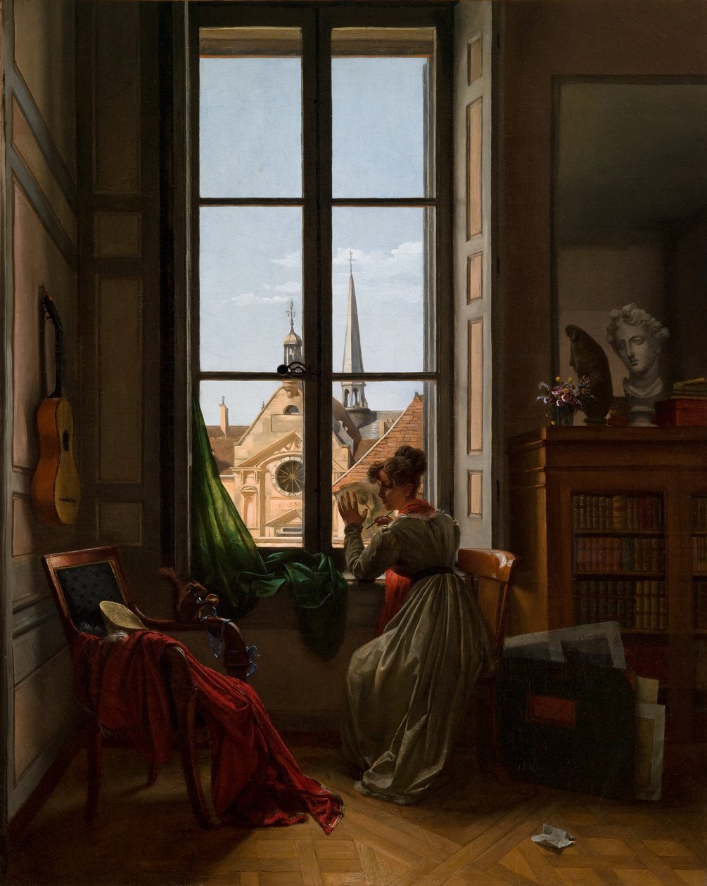 Interior con joven trazando una flor, c.1820-22 (óleo sobre lienzo) de Louise Adeone Droelling
