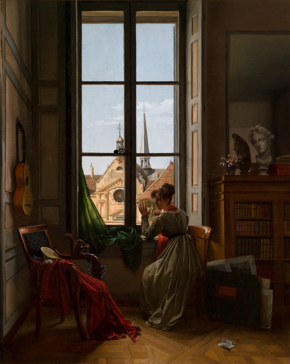 Interior con una joven trazando una flor de Louise Adeone Drolling