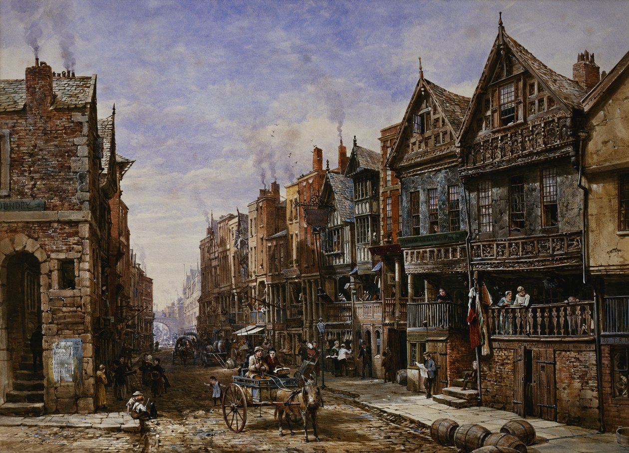 Chester: Calle Watergate desde la Esquina de la Calle Crook, con Eastgate al Fondo de Louise Ingram Rayner