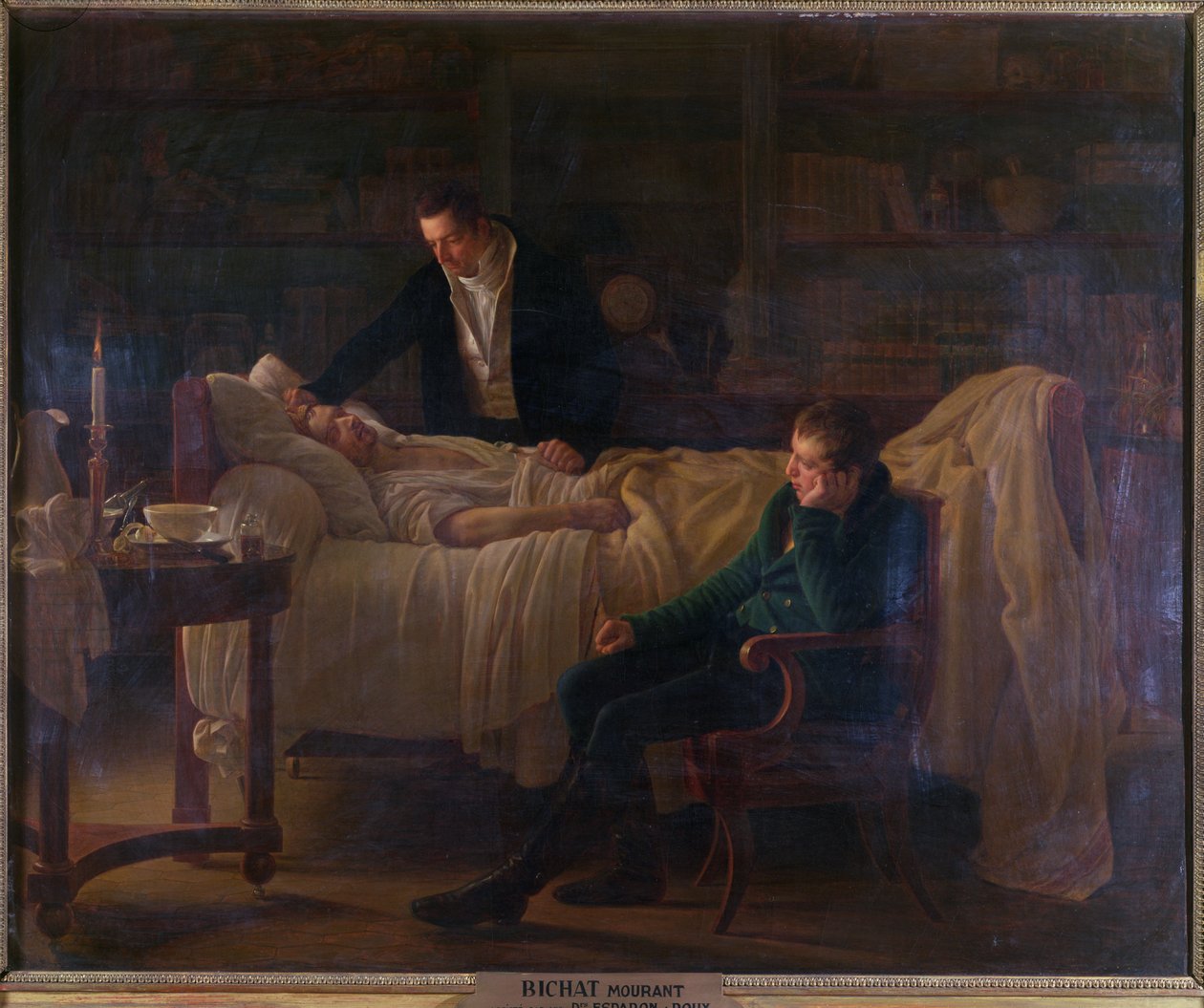 Marie Francois Xavier Bichat (1771-1802) muriendo rodeado por los doctores Esparon y Philibert Joseph Roux (1780-1854) de Louise Marie Jeanne Hersent