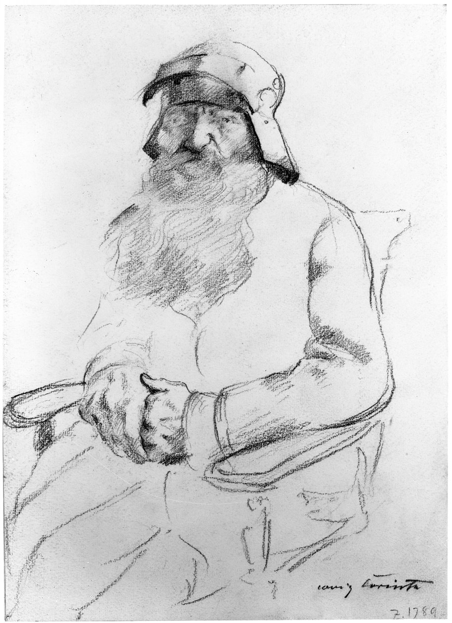 Anciano barbudo sentado con un casco del siglo XVI, visto de frente (estudio para Götz von Berlichingen) de Lovis Corinth